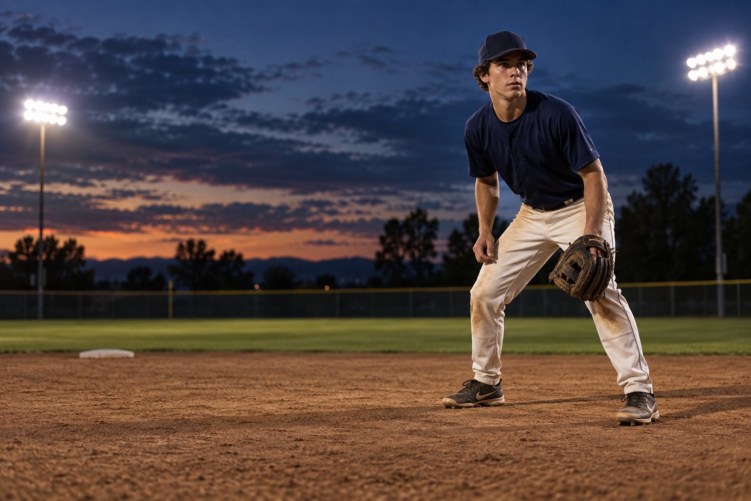 Illustration of fictional baseball player Tyler Brooks on a diamond under stadium lights