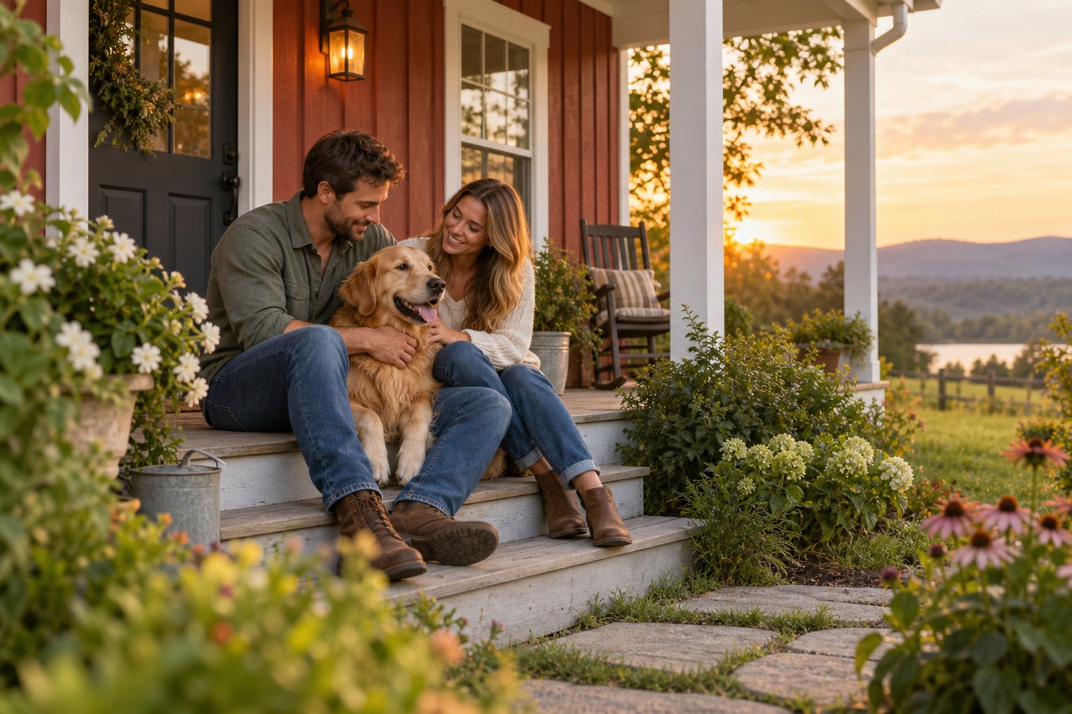 Illustration of fictional Marcus and Emily relaxing on their porch with their golden retriever