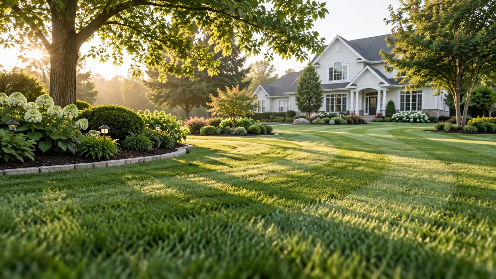 Illustrative freshly striped lawn surrounded by lush planting in morning light