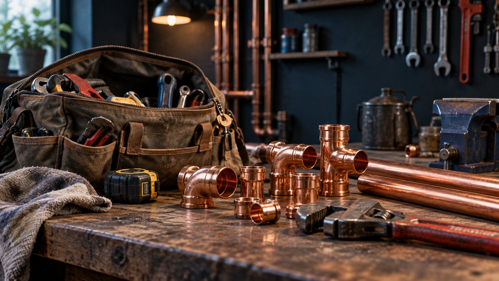 Illustrative copper fittings and a canvas toolbag in a plumbing workshop